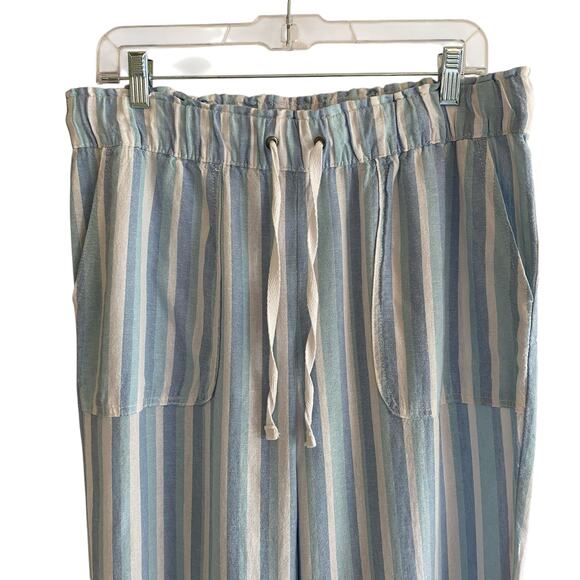 Linen Blend M Striped Pants Blue Pull-On Elastic Waist Pockets Boho Beachy - Picture 2 of 12